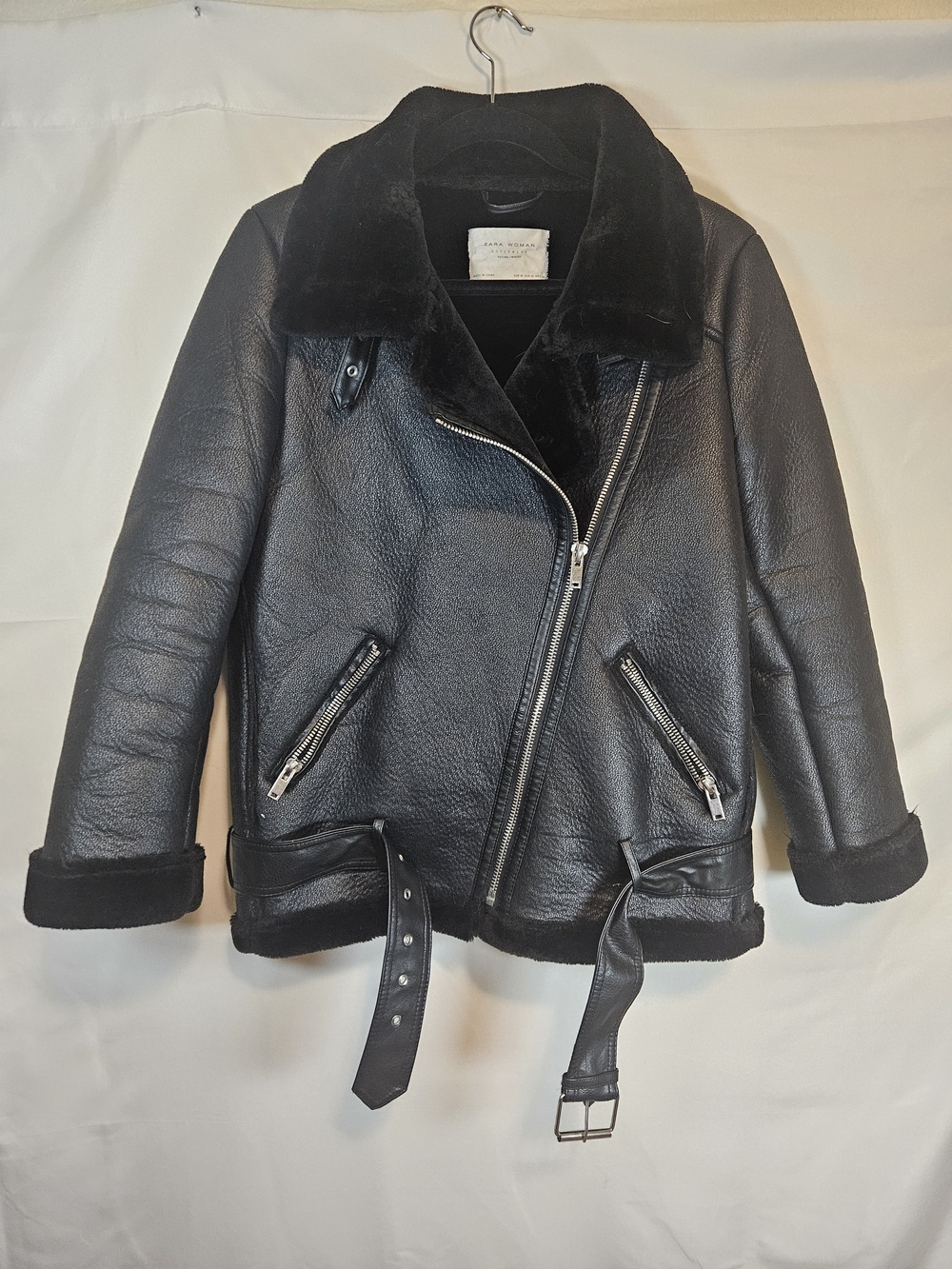 Zara Black Faux Shearling Belted Moto Jacket